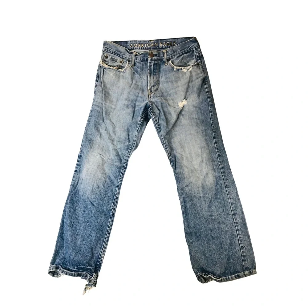American Eagle Distressed Jeans Mens 30x31 Light Wash Straight Leg Frayed Hem